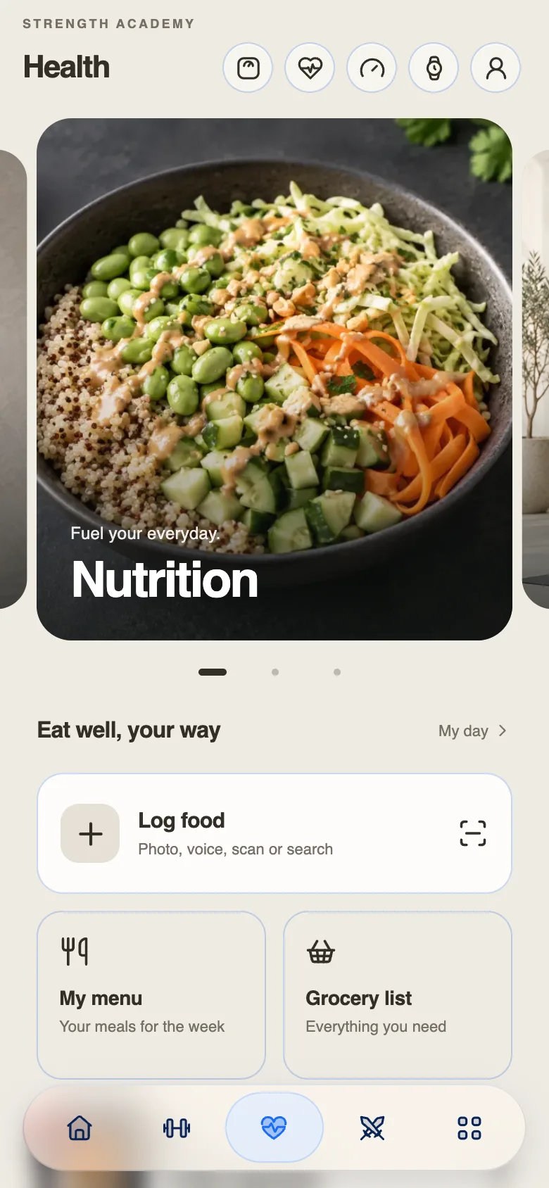 The Health tab on Nutrition: log food by photo, voice, scan or search, with a weekly menu and a grocery list