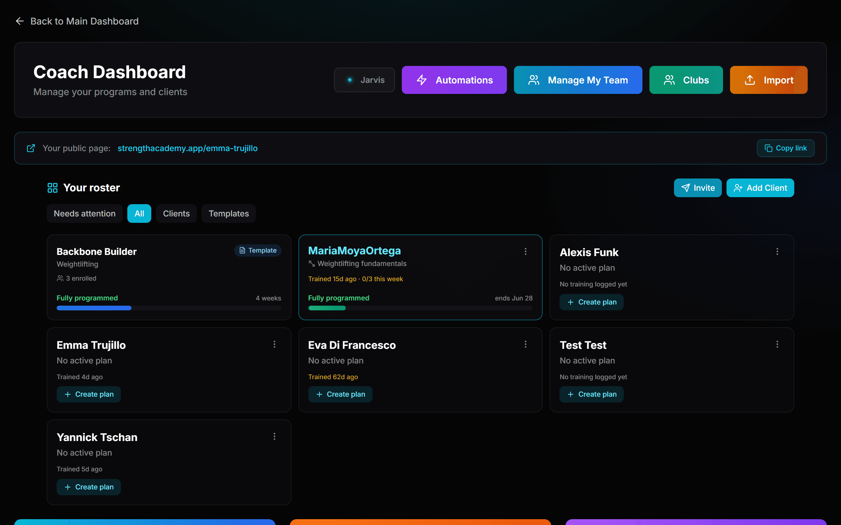 Strength Academy coach dashboard — roster, programs and client management on the web