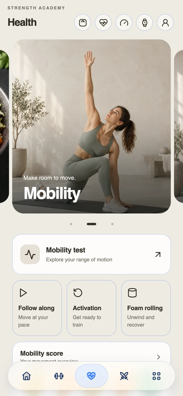 The Health tab on a client’s phone, opening on Mobility with a mobility test below